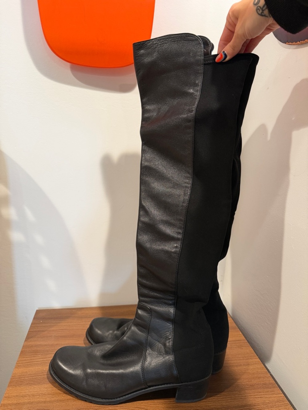 Stuart Weitzman Black Over-the-Knee Leather Stretch Boots